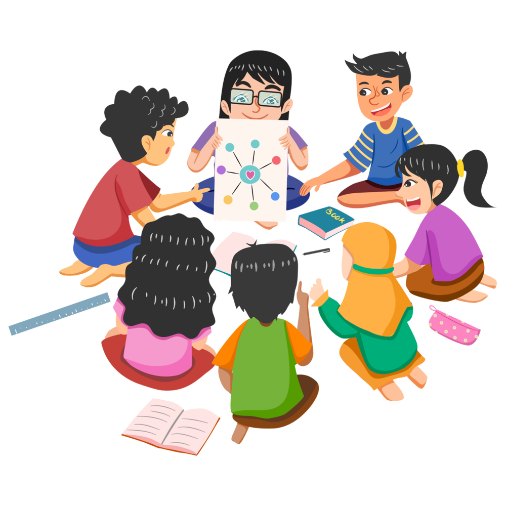 Children sitting in a circle with an educator, sharing a drawing.