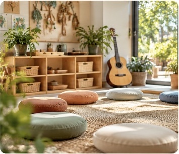 Floor cushions and a guitar in the music space